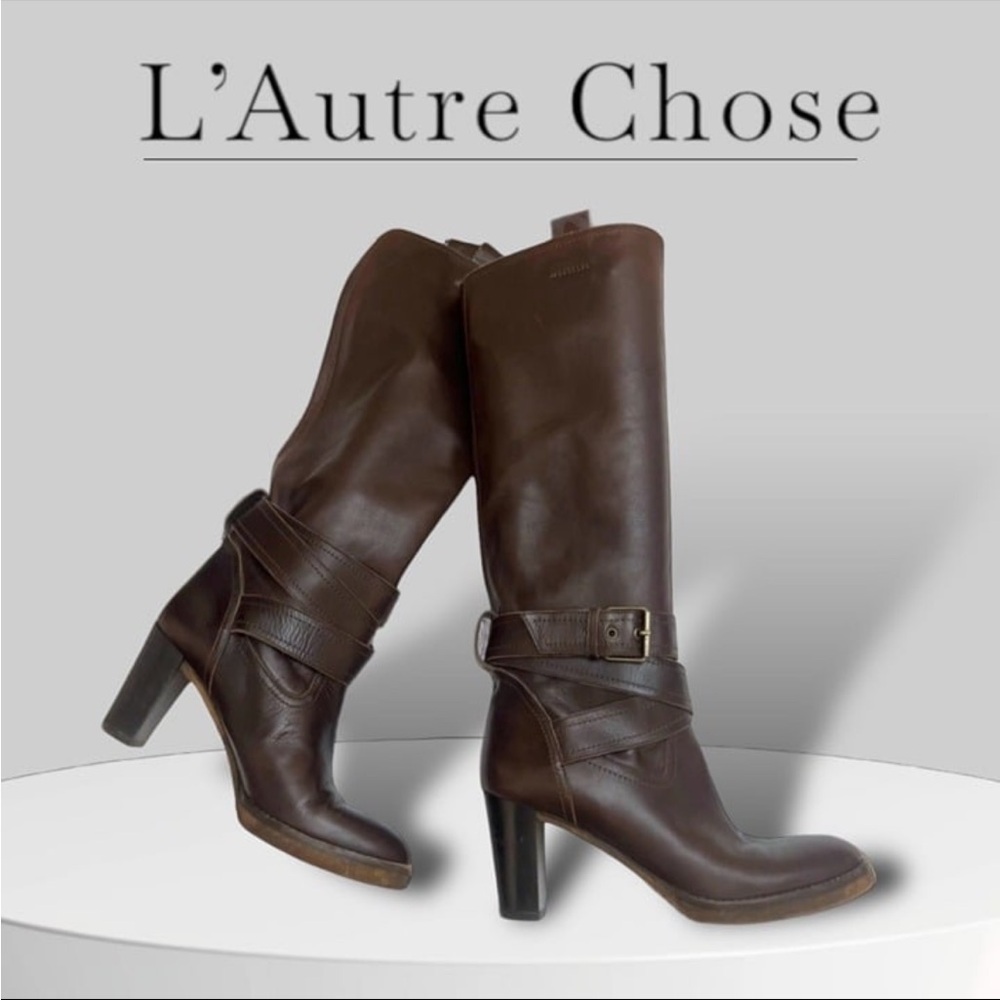 L’Autre Chose Brown Italian Leather Knee High Pull On Heeled Buckle Boots Size 9